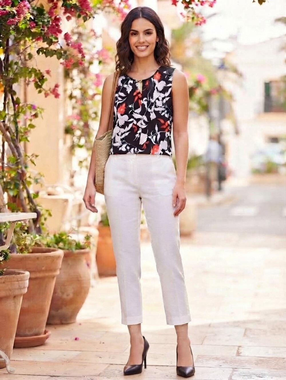 Liz Claiborne Women's Black Floral Sleeveless Top with White & Coral Accents